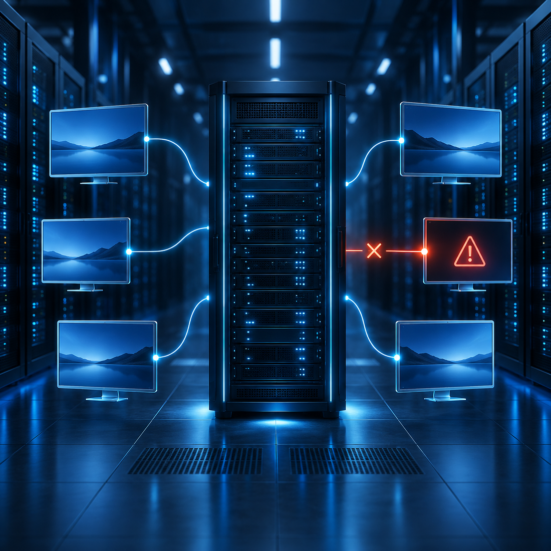 Serveur central avec plusieurs connexions Bureau à distance, dont une interrompue par une alerte